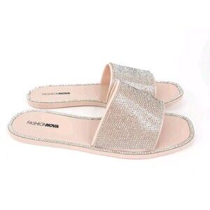 Fashion Nova Sandals Womens Size 10 Flats Slip On Silver Rhinestones Slides